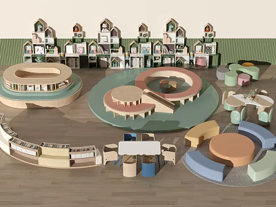 Vibrant Kindergarten Interior With Circular Play Zones Colorful Furniture And Wooden Shelves 3d model