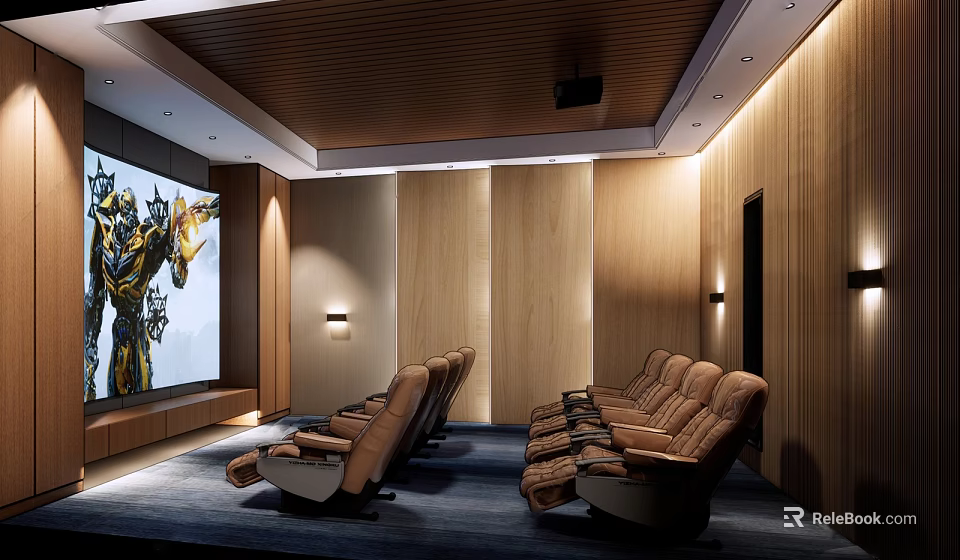 Home Theater Interior Design With Large Screen Comfortable Brown Leather Seats And Wooden Walls 3d model 