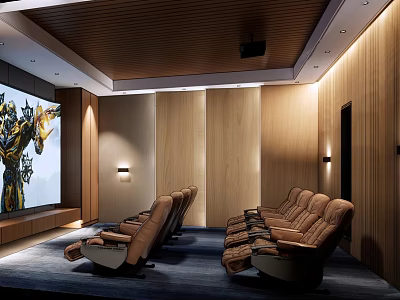 Home Theater Interior Design With Large Screen Comfortable Brown Leather Seats And Wooden Walls 3d model