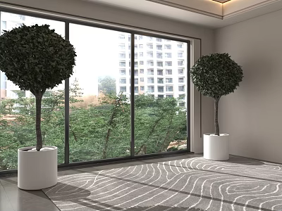 Study Room Interior With Large Windows Natural View Green Plants And Gray Wavy Pattern Carpet 3d model