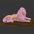 Ornate Golden Lion Statue Lying On Polished Wooden Base Decorative Art Piece