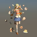 Playful Game And Movie Character In Striped Top White Skirt With Floating Cakes Hats Bows