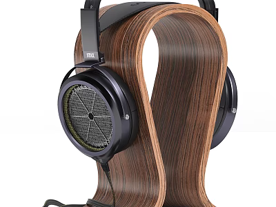 High Quality Open Back Headphones On Curved Wooden Stand With Wood Grain Design 3d model