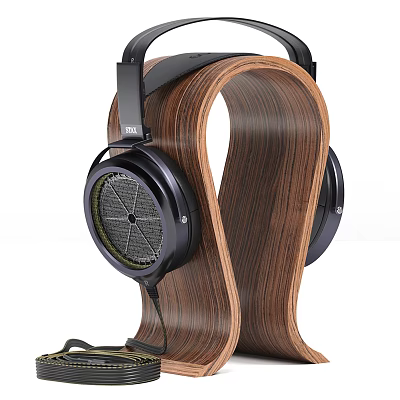 High Quality Open Back Headphones On Curved Wooden Stand With Wood Grain Design 3d model