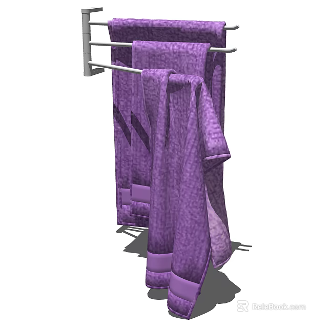 Soft Purple Bath Towels Hanging On Modern Metal Rack In Bathroom 3d model 