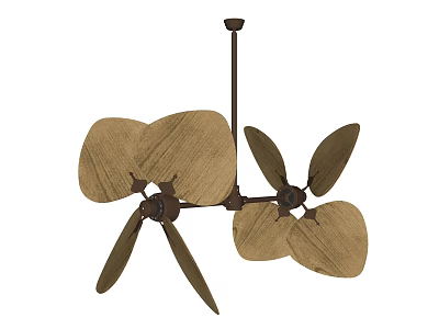 Double Headed Air Conditioner Fan With Wooden Blades And Brown Design 3d model
