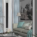White Two Seater Sofa With Throw Pillows Light Blue Curtains Plant And Wall Mural