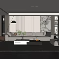 Modern Minimalist Living Room Interior With Beige Sofa Area Rug Floor Lamp And Shelves