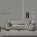Wabi Sabi Style Beige Double Sofa With Small Side Table Floor Lamp And Wall Art