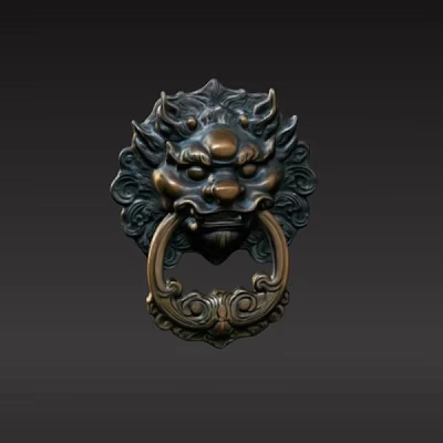 Antique Bronze Lion Head Door Handle With Intricate Carvings And Decorative Ring 3d model