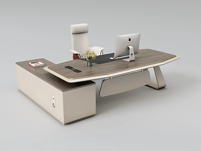 Modern Office Desk With White Chair iMac Computer Flower Vase Drawers And Wooden Desktop 3d model