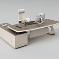 Modern Office Desk With White Chair iMac Computer Flower Vase Drawers And Wooden Desktop