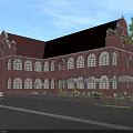 Single Family Red Brick Villa With Red Roof Arched Windows Outdoor Seating Trees And Car