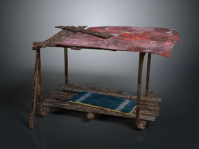 Wooden Street Vendor Stall with Red Canopy Blue and White Checkered Cloth Platform and Wheels 3d model