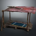 Wooden Street Vendor Stall with Red Canopy Blue and White Checkered Cloth Platform and Wheels