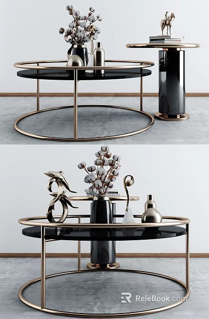 Modern Elegant Round Coffee Table With Gold Metal Frame Decorative Items Vase And Cotton Branches 3d model 