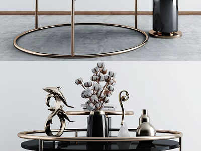 Modern Elegant Round Coffee Table With Gold Metal Frame Decorative Items Vase And Cotton Branches 3d model