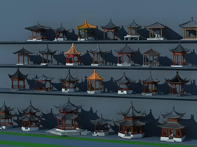 Chinese Traditional Pavilion Models Arranged in Layers with Diverse Roof Designs 3d model