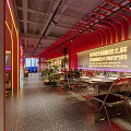 Modern Stylish Restaurant Interior With Neon Lights Red Walls Dining Tables And Display Shelves