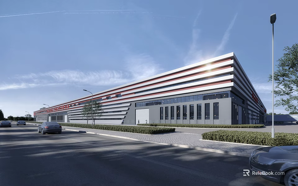 Modern Industrial Factory Building Exterior With Large Windows Parking Area And Roadside Landscaping 3d model 