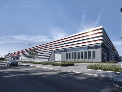 Modern Industrial Factory Building Exterior With Large Windows Parking Area And Roadside Landscaping 3d model