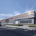 Modern Industrial Factory Building Exterior With Large Windows Parking Area And Roadside Landscaping
