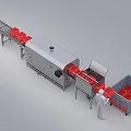 Industrial Production Line Equipment With Conveyor Belt Red Containers And Metal Unit
