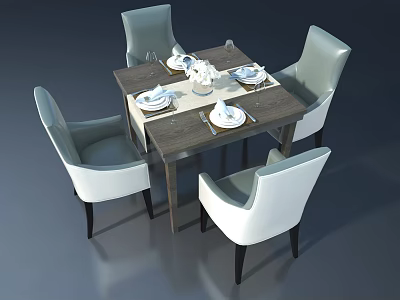 Modern Dining Table with Four Upholstered Chairs and Tableware Vase Setup 3d model