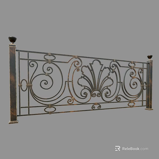 Classic Ornate Iron Railing with Intricate Scrollwork and Decorative Finial Posts 3d model