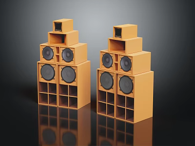 Orange Multi layer Electronic Speakers With Circular Drivers Square Structure Grid Design And Reflective Surface 3d model