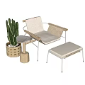 Modern Light Colored Fabric Lounge Chair with Metal Frame Ottoman and Cactus Plant