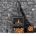 Rustic Stone Wall Fireplace with Burning Flames Firewood Stack and Tools Setup 3d model
