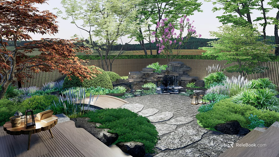 Courtyard Garden Featuring Stone Pathway Waterfall Lush Greenery Purple Flowers And Trees 3d model 