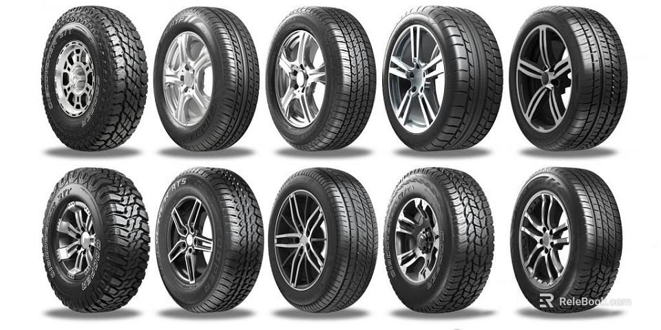 Various Car Tires With Stylish Wheels On Display In Grid Arrangement 3d model 