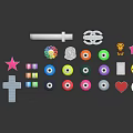 Assorted Small Decorative Items With Star Cross Smiley Face Colorful Badges Key And Gear