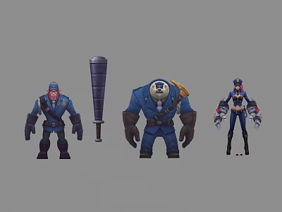 Team Character Designs With Blue Uniforms Red Helmet Large Build And Mechanical Arms 3d model