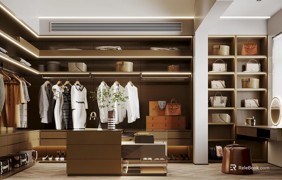 Luxurious Walk in Closet Interior With Hanging Clothes Handbags Storage Baskets And Shoes 3d model 