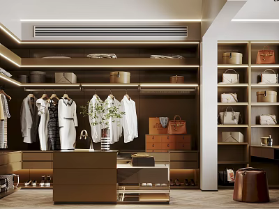Luxurious Walk in Closet Interior With Hanging Clothes Handbags Storage Baskets And Shoes 3d model