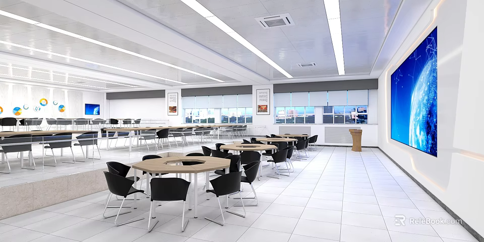 Modern Conference Room With Round Tables Black Chairs Large Windows And Strip Lights 3d model 
