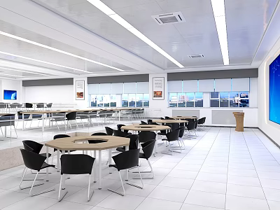 Modern Conference Room With Round Tables Black Chairs Large Windows And Strip Lights 3d model