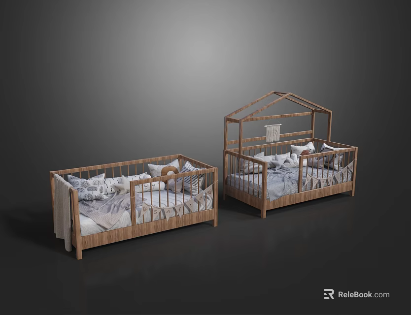 Two Wooden Baby Cribs With House Shaped Design And Patterned Bedding 3d model 
