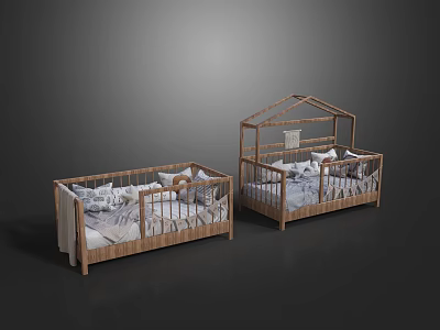 Two Wooden Baby Cribs With House Shaped Design And Patterned Bedding 3d model