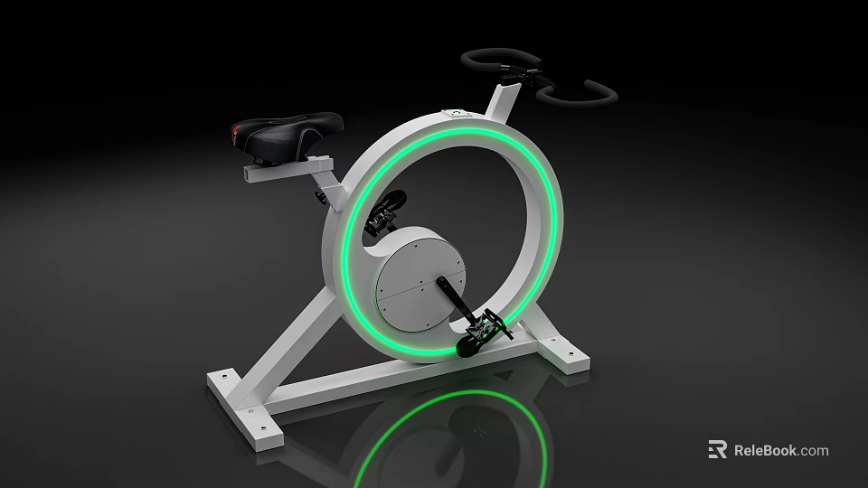 Modern Exercise Bike With White Frame Green Glowing Ring And Reflective Base 3d model 