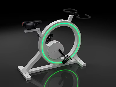 Modern Exercise Bike With White Frame Green Glowing Ring And Reflective Base 3d model