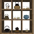 Wooden Shelf Display Featuring Assorted Teapots And Glass Jars