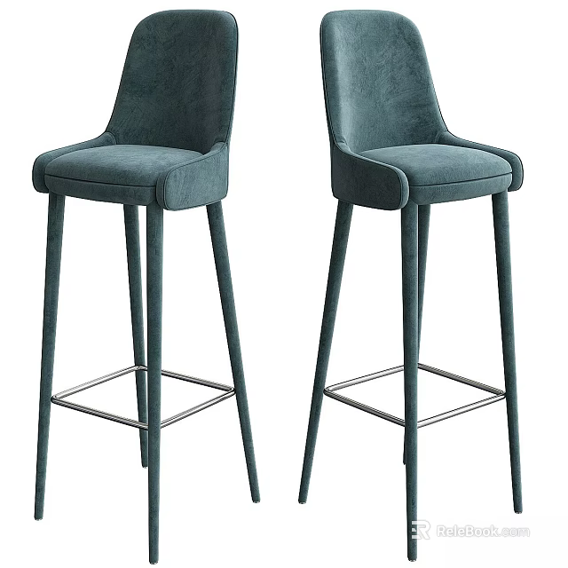 Two Modern Blue Upholstered Bar Stools With Tall Metal Legs Design Style 3d model 