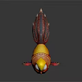 3D Cartoon Bird With Red Body Yellow Head Big Eyes And Long Colorful Feathers Standing