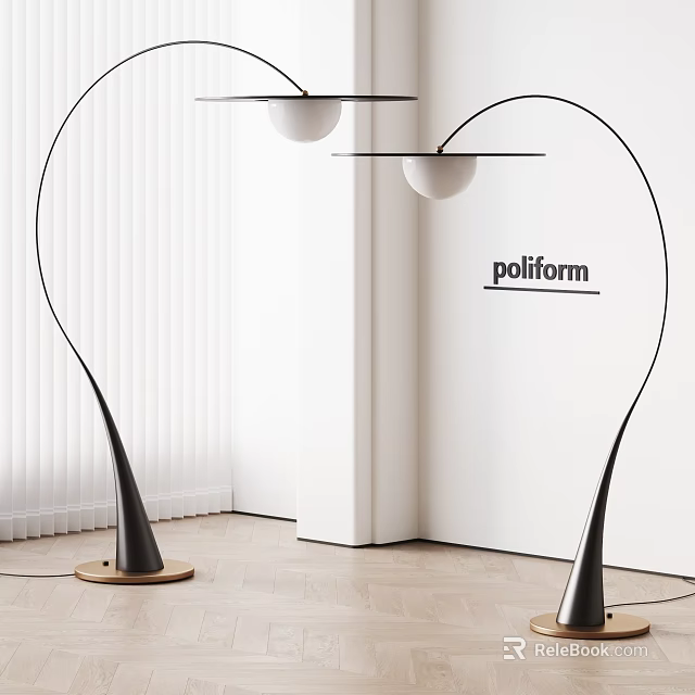 Modern Two Curved Stand Floor Lamps With Spherical Shade And Wooden Base Poliform Interior 3d model 