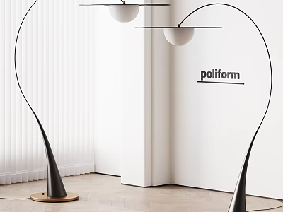 Modern Two Curved Stand Floor Lamps With Spherical Shade And Wooden Base Poliform Interior 3d model