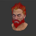 3D Fantasy Male Character Head Featuring Dark Spiky Hair Beard Red Eyes And Facial Scar